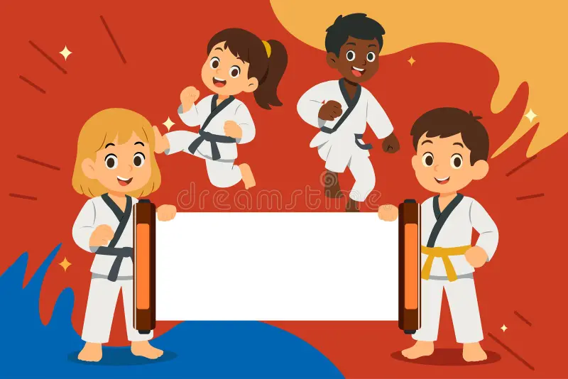 Bambini che praticano arti marziali in stile cartoon