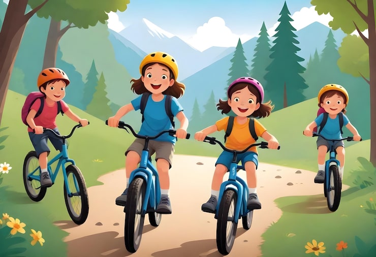 Bambini in mountain bike nel bosco stile cartoon